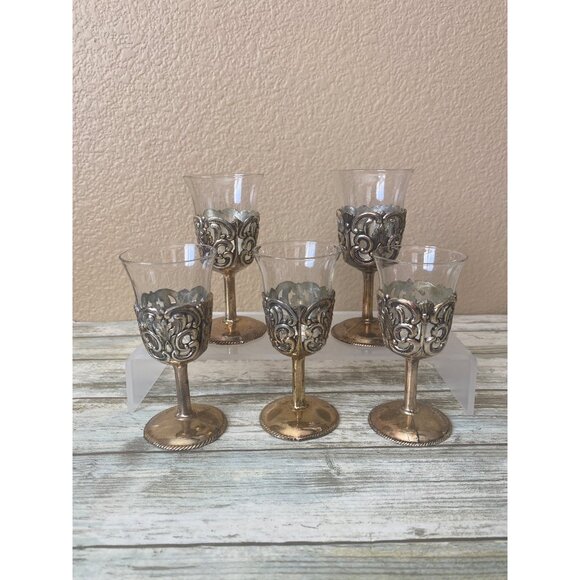 Set of 5 Vintage Small Wine Sipping Goblets Gothic Pewter & Glass - Picture 1 of 10